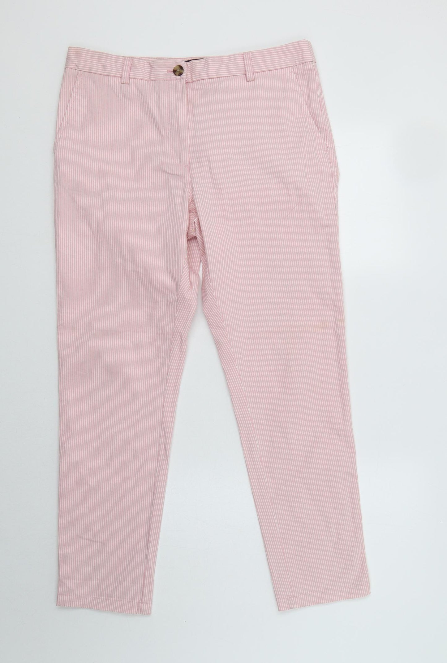 M&S Womens Pink Striped Cotton Chino Trousers Size 12 L29 in Regular Button