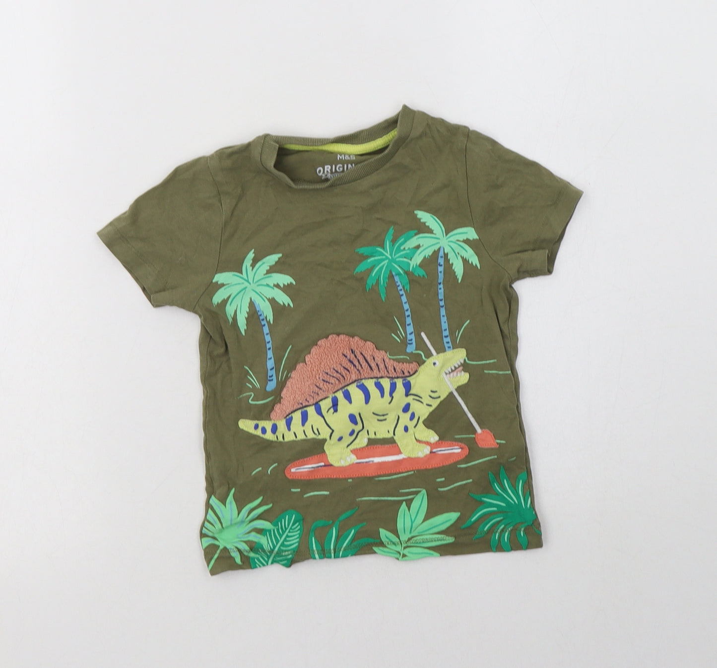 M&S Boys Green  Cotton Basic T-Shirt Size 2-3 Years Crew Neck  - Dinosaur Print