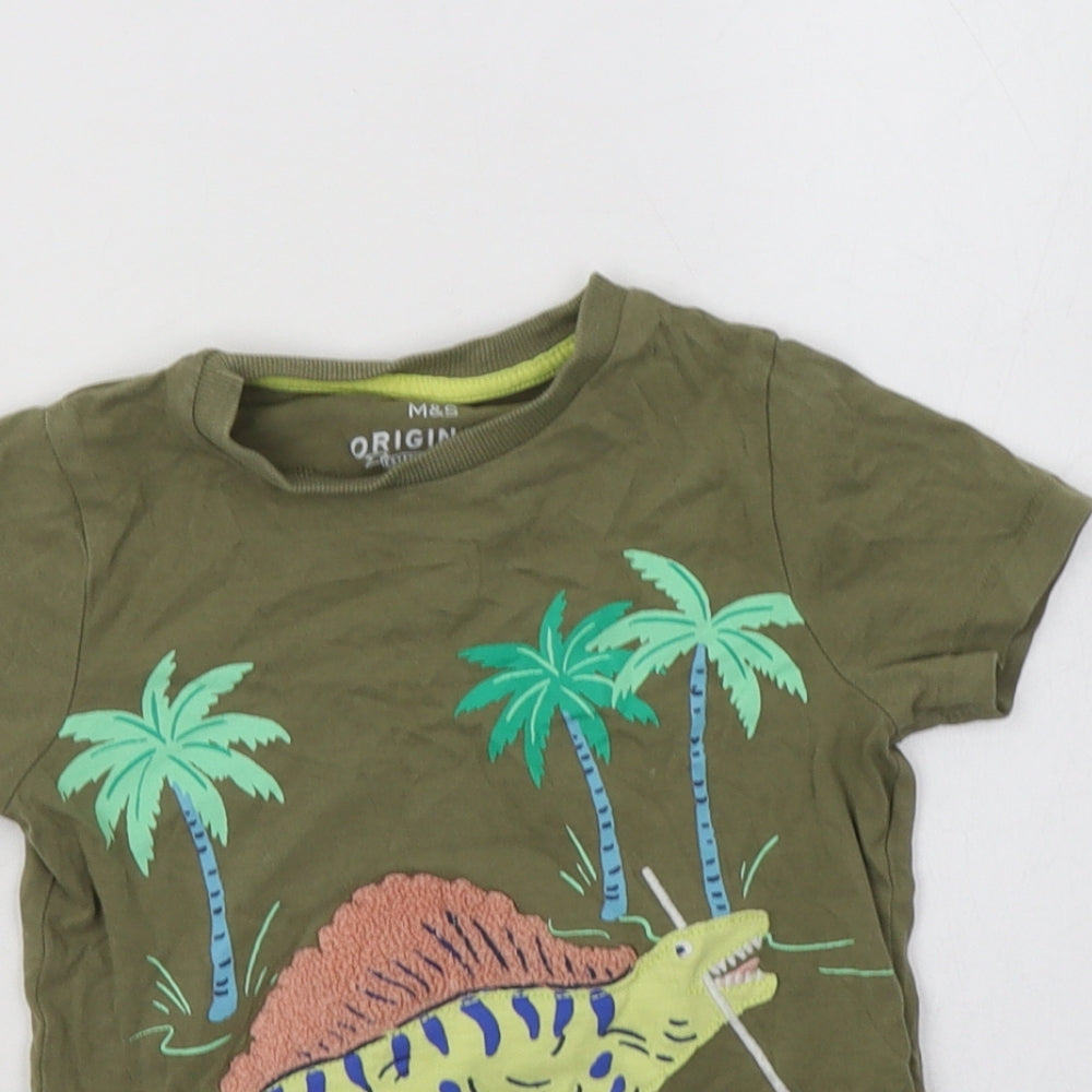 M&S Boys Green  Cotton Basic T-Shirt Size 2-3 Years Crew Neck  - Dinosaur Print