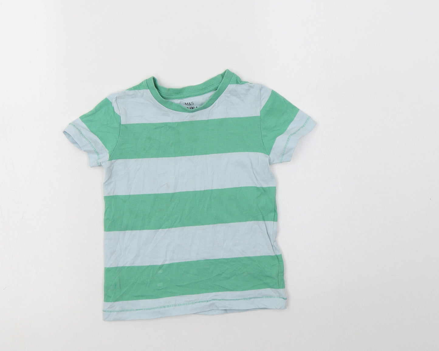 M&S Boys Green Striped Cotton Basic T-Shirt Size 2-3 Years Crew Neck