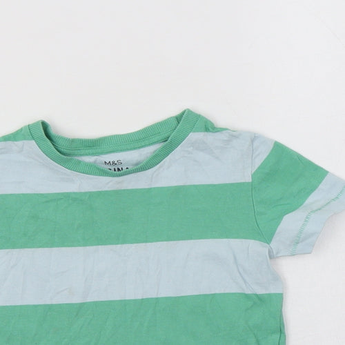 M&S Boys Green Striped Cotton Basic T-Shirt Size 2-3 Years Crew Neck