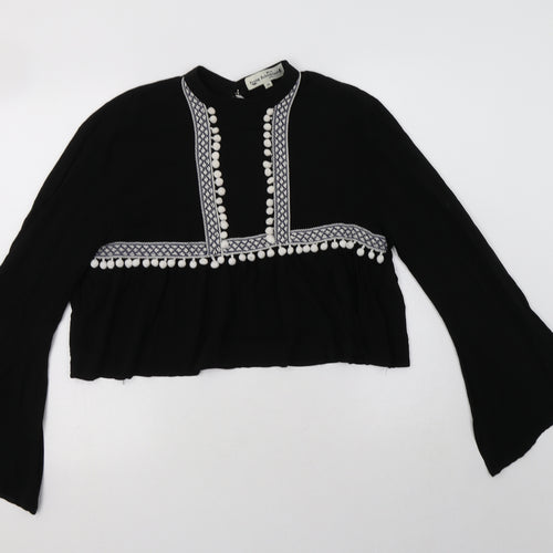 Young Bohemians Womens Black Geometric Viscose Basic Blouse Size 10 Mock Neck