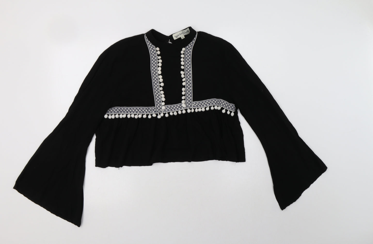 Young Bohemians Womens Black Geometric Viscose Basic Blouse Size 10 Mock Neck