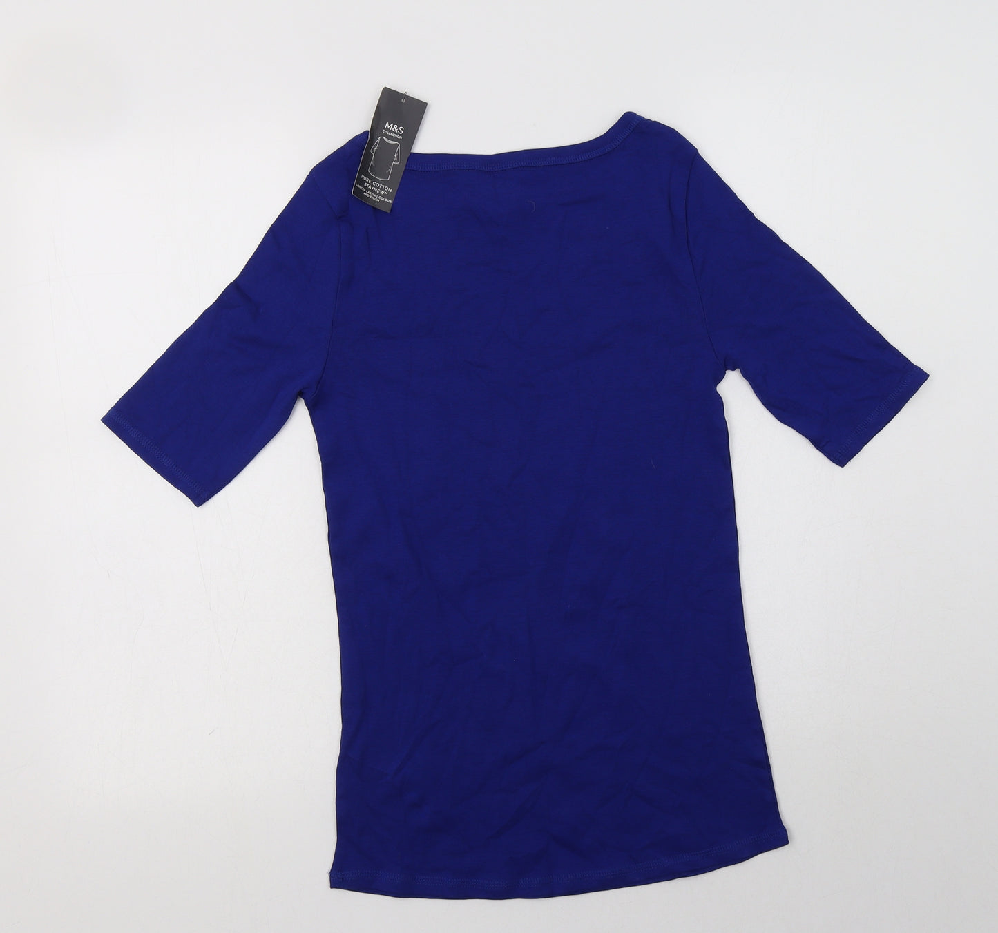 M&S Womens Blue  Cotton Basic T-Shirt Size 10 Boat Neck