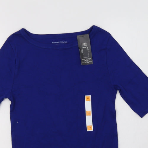 M&S Womens Blue  Cotton Basic T-Shirt Size 10 Boat Neck