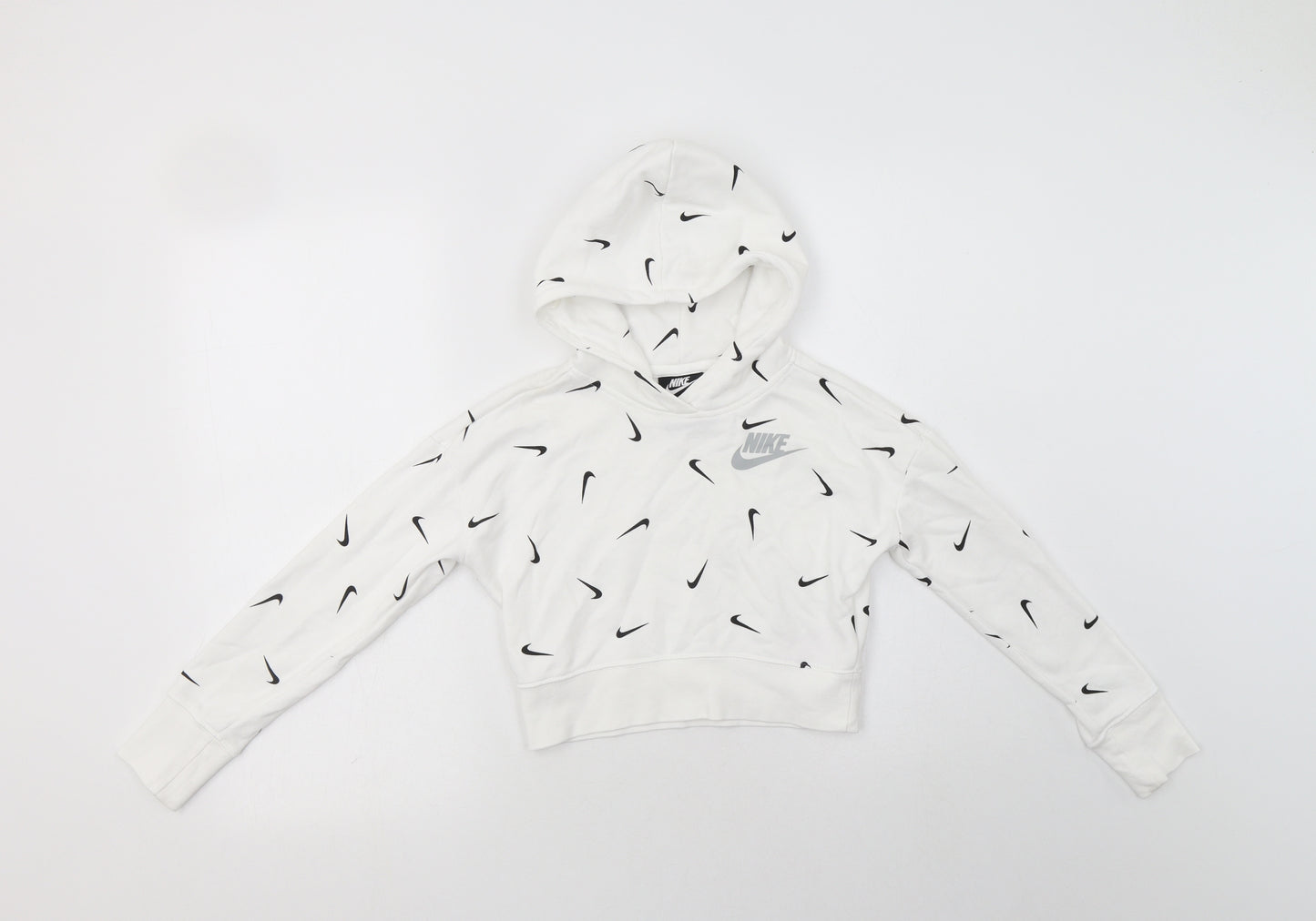 Nike Girls White Geometric Cotton Pullover Hoodie Size 8-9 Years
