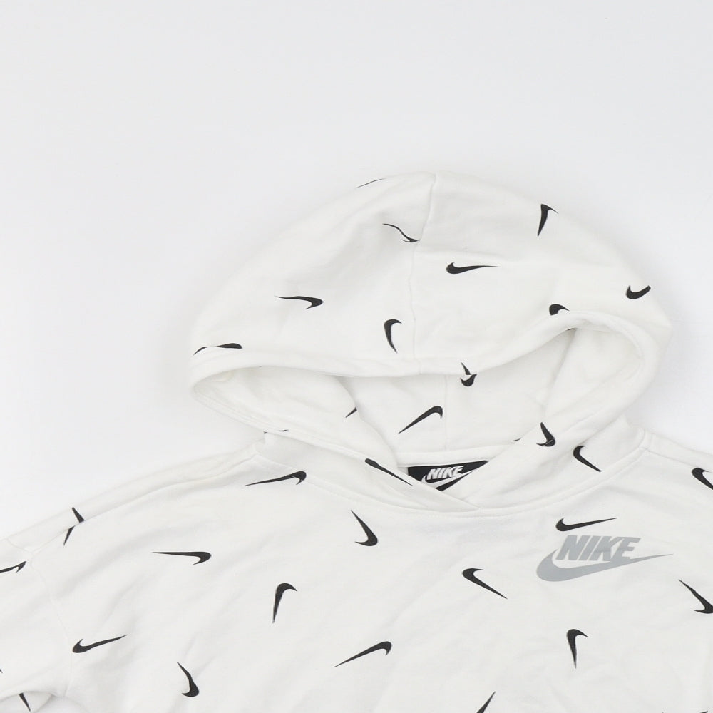 Nike Girls White Geometric Cotton Pullover Hoodie Size 8-9 Years