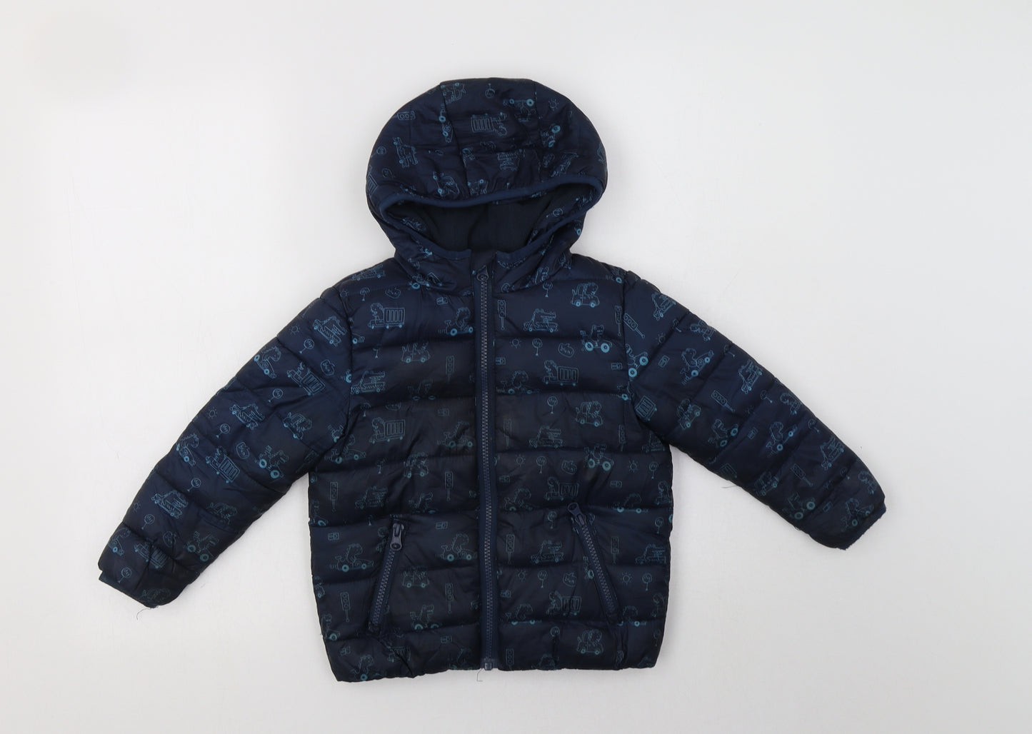 M&Co Boys Blue Geometric  Puffer Jacket Jacket Size 3-4 Years  Zip - Dinosaur Print