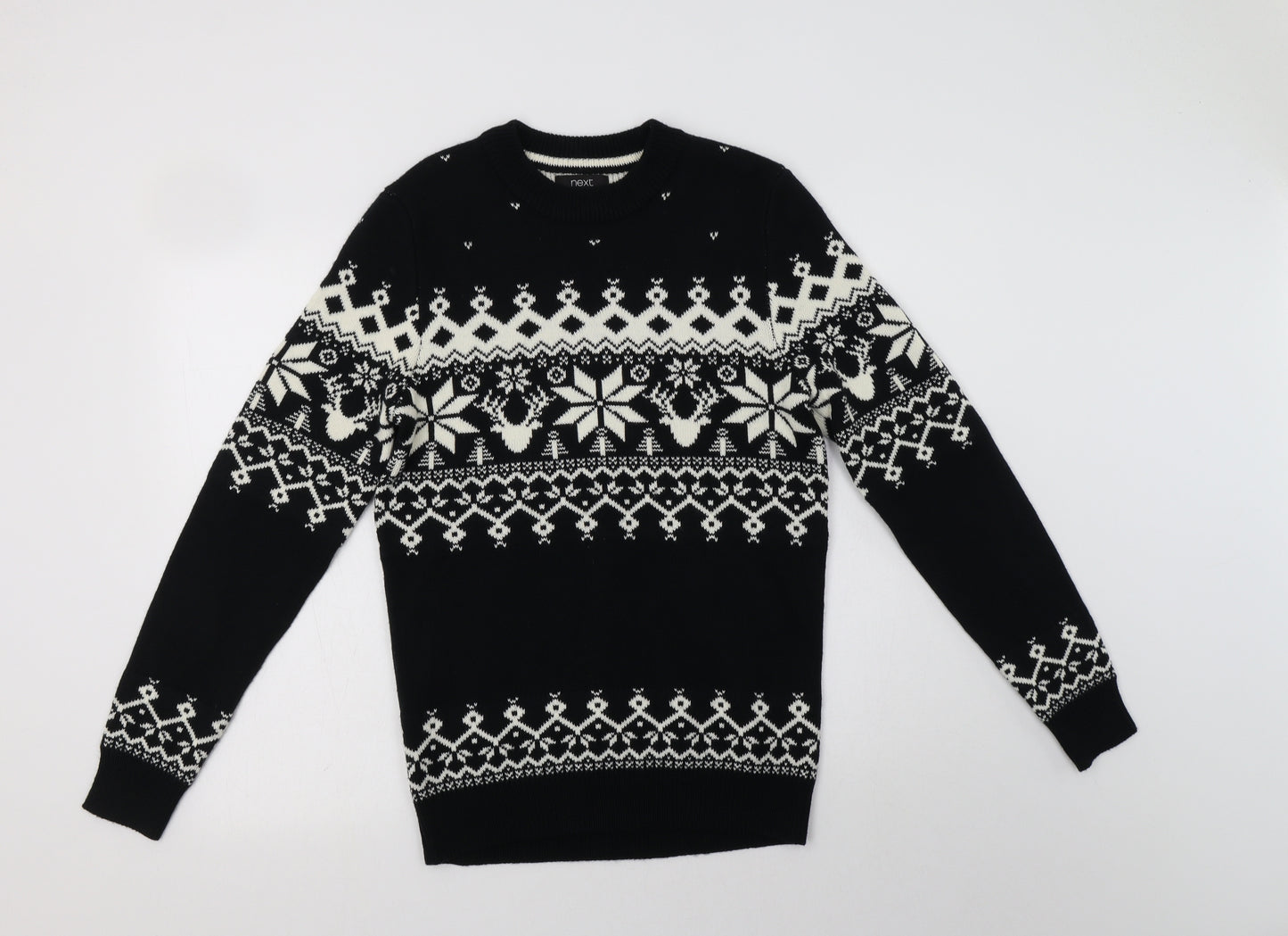 NEXT Mens Black Crew Neck Fair Isle Acrylic Pullover Jumper Size S