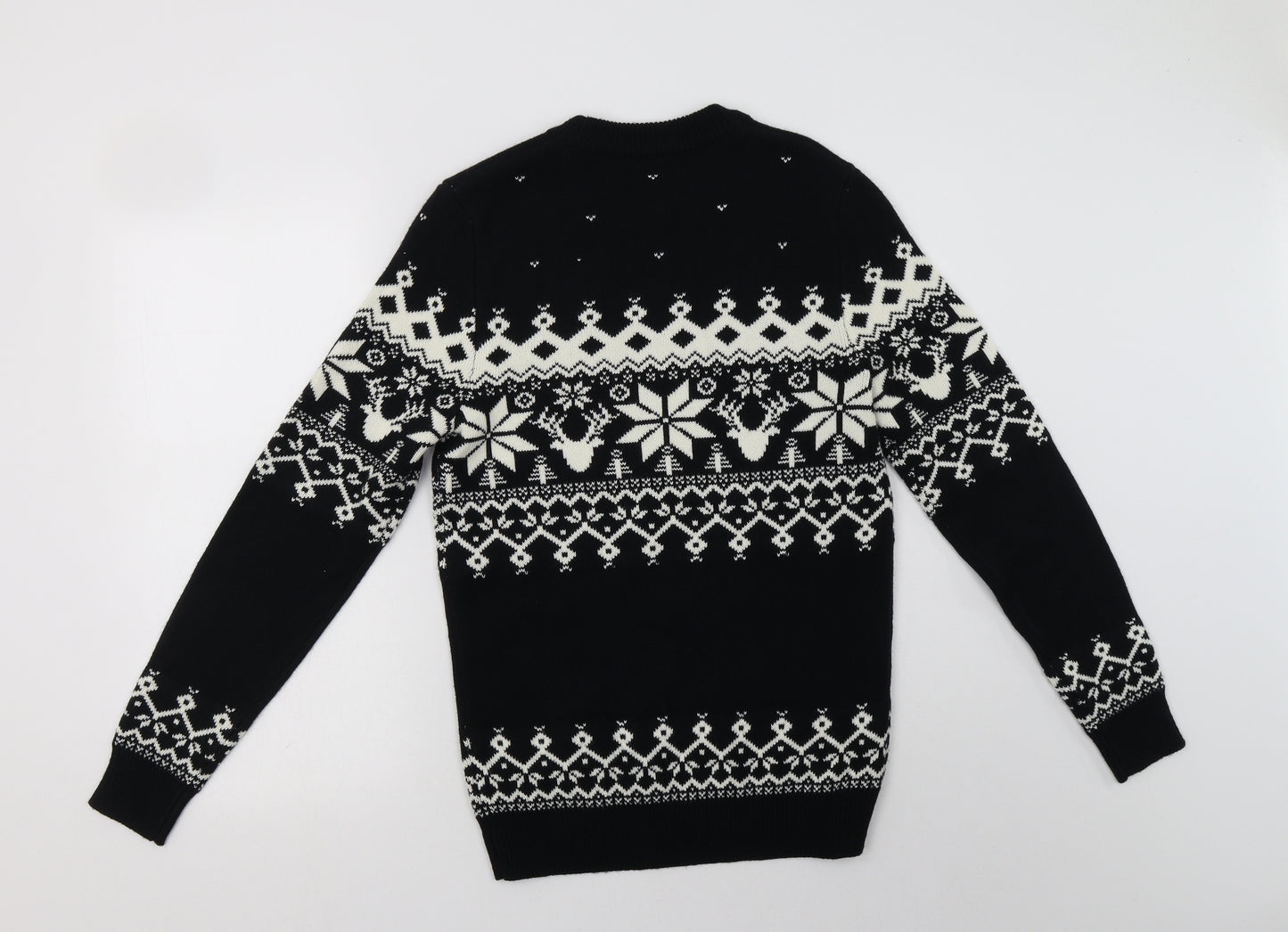 NEXT Mens Black Crew Neck Fair Isle Acrylic Pullover Jumper Size S