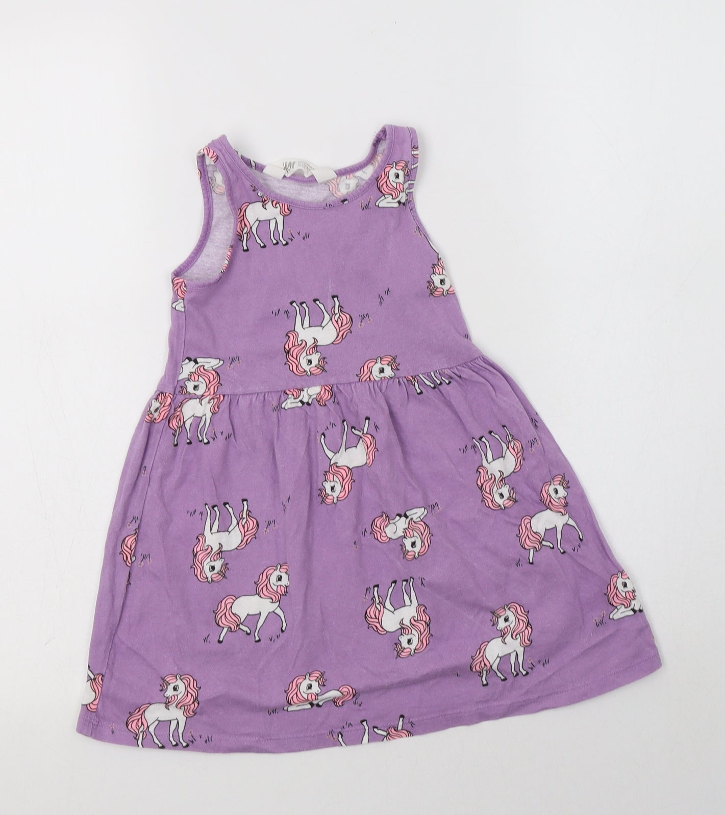 H&M Girls Purple Geometric Cotton A-Line  Size 2-3 Years  Crew Neck  - Unicorn Print