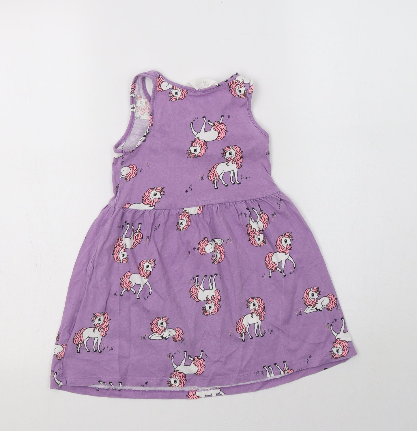 H&M Girls Purple Geometric Cotton A-Line  Size 2-3 Years  Crew Neck  - Unicorn Print