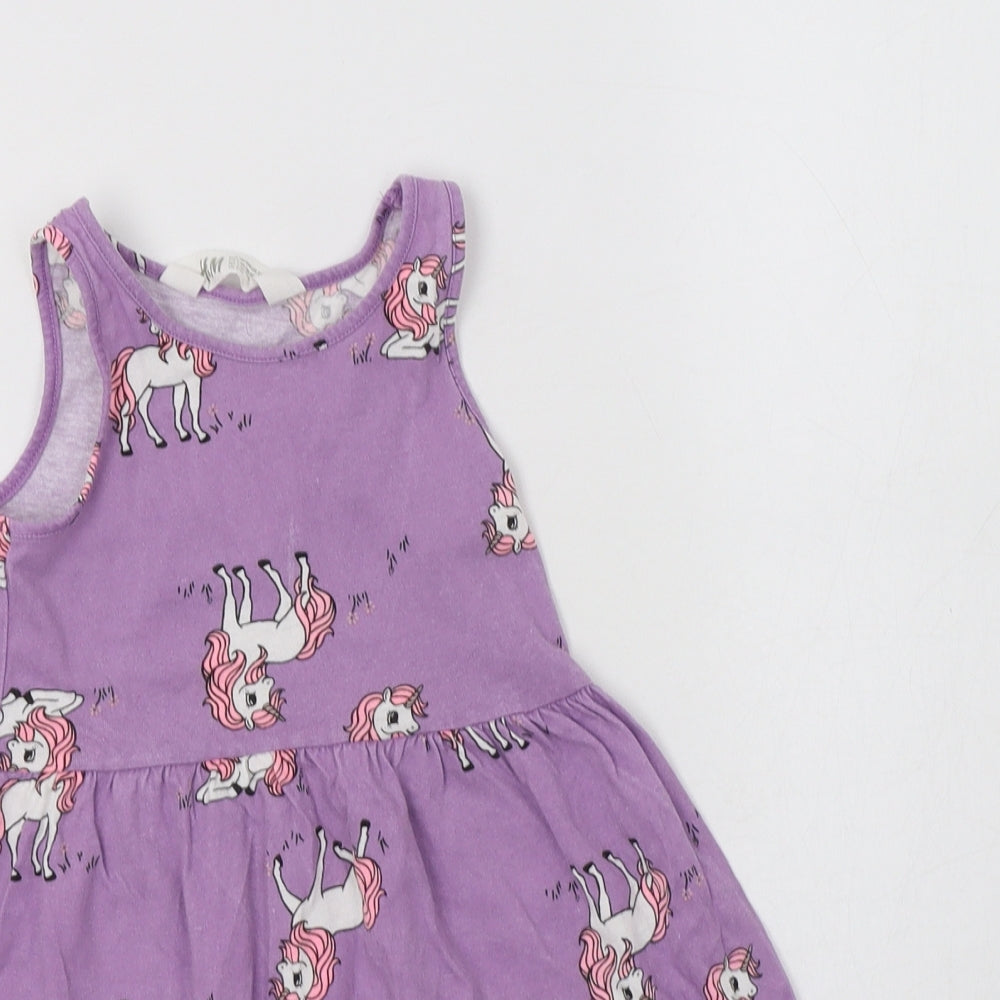 H&M Girls Purple Geometric Cotton A-Line  Size 2-3 Years  Crew Neck  - Unicorn Print