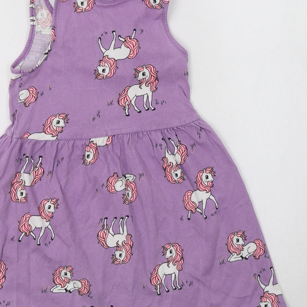 H&M Girls Purple Geometric Cotton A-Line  Size 2-3 Years  Crew Neck  - Unicorn Print