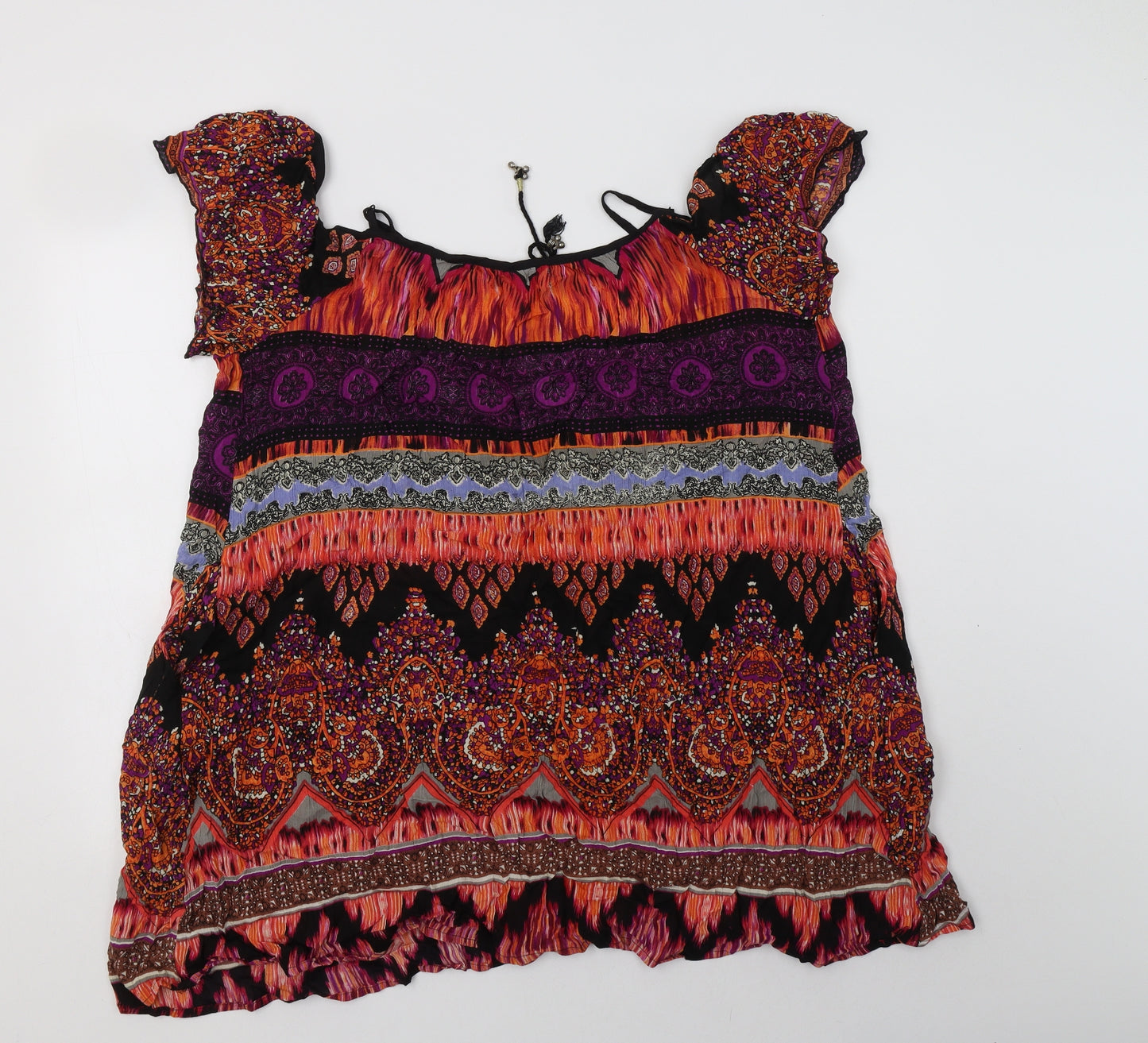 Band of Gypsies Womens Multicoloured Geometric Viscose Tunic Blouse Size 14 Round Neck