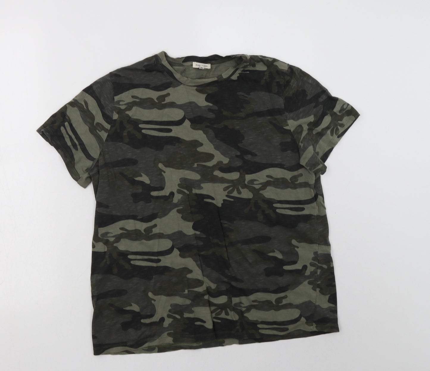 River Isl Womens Green Camouflage Cotton Basic T-Shirt Size 14 Crew Neck