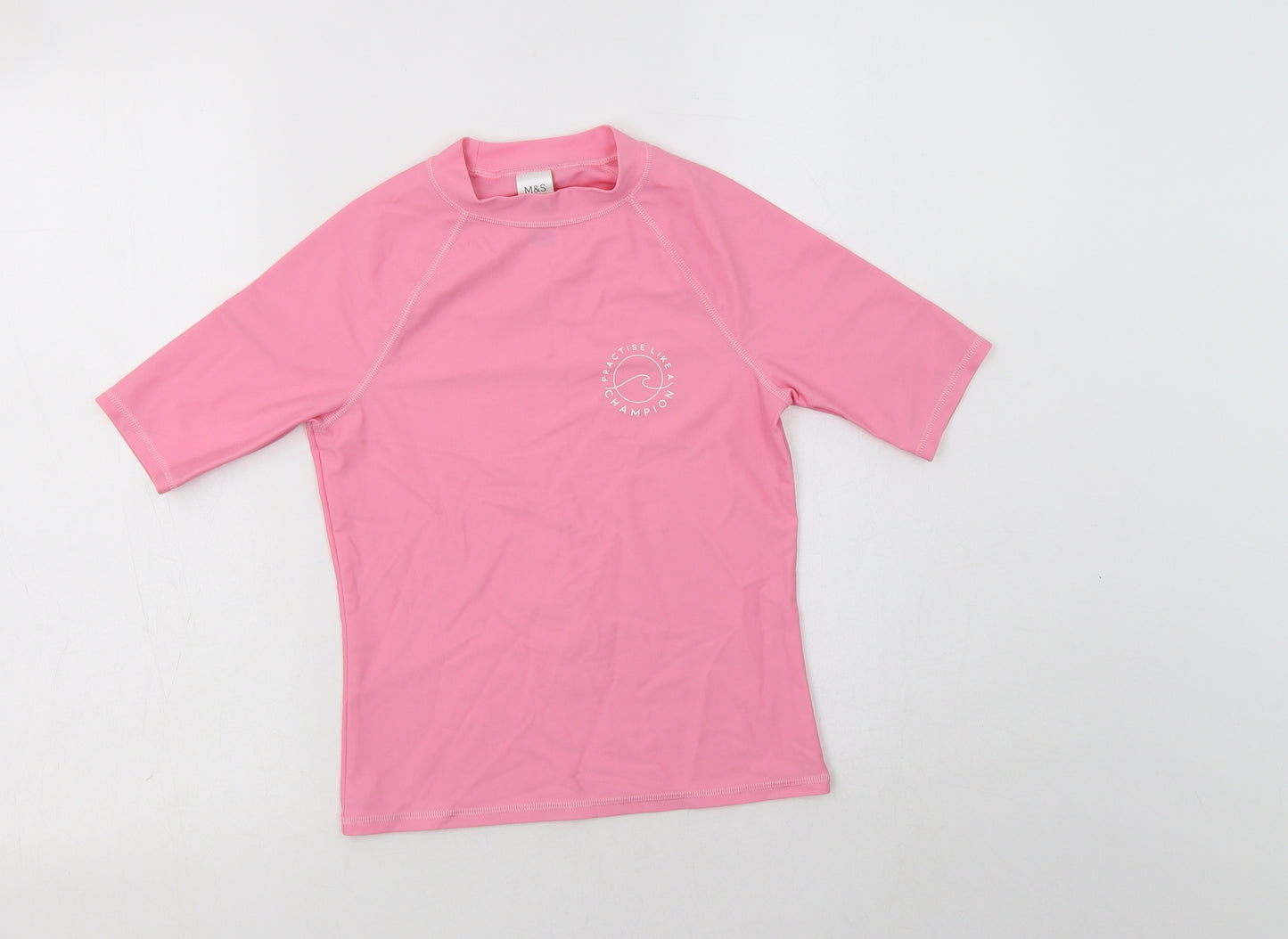 M&S Girls Pink  Polyamide Basic T-Shirt Size 11-12 Years Mock Neck