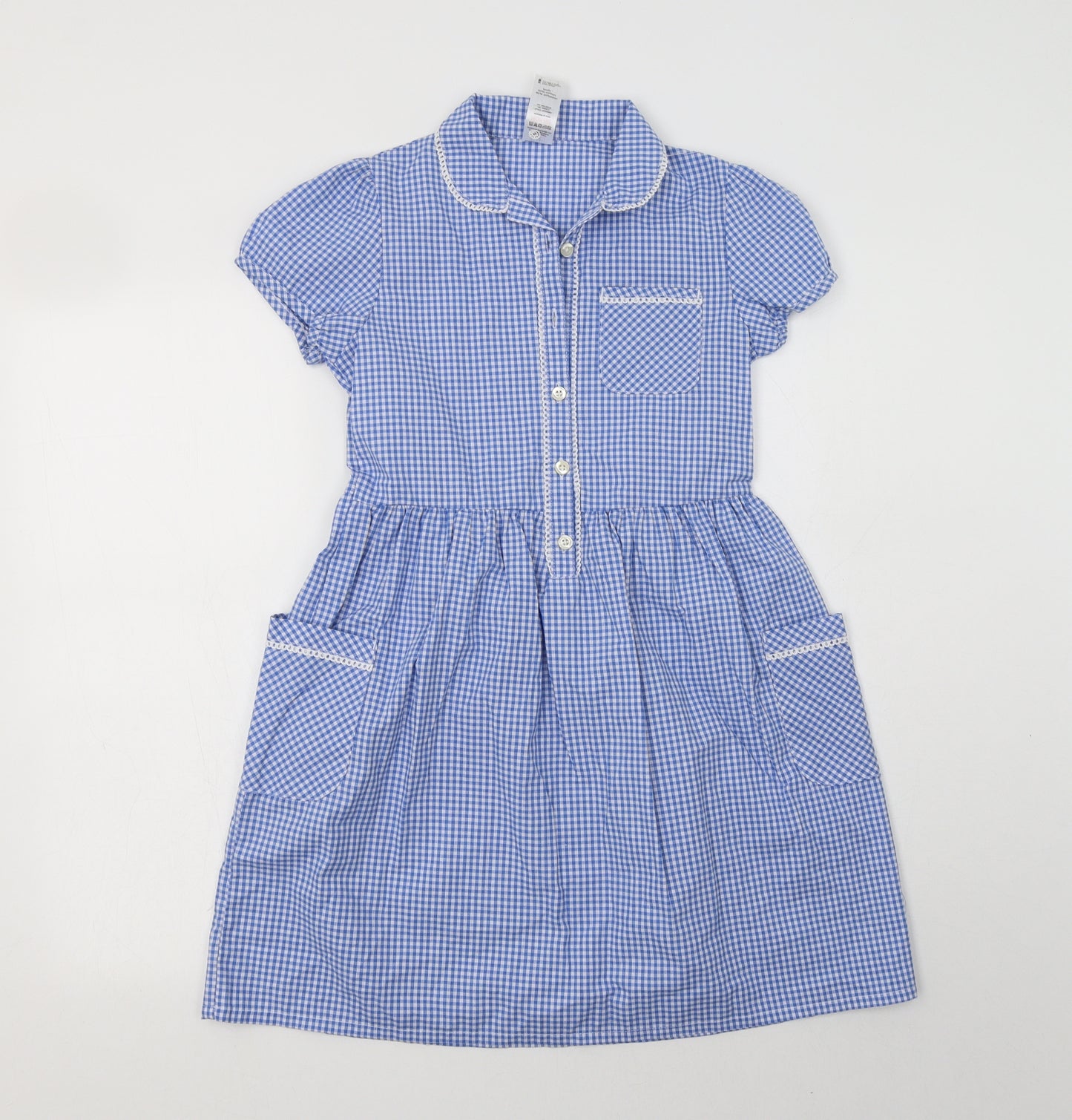 F&F Girls Blue Gingham Cotton A-Line  Size 9-10 Years  Collared Button - School Wear