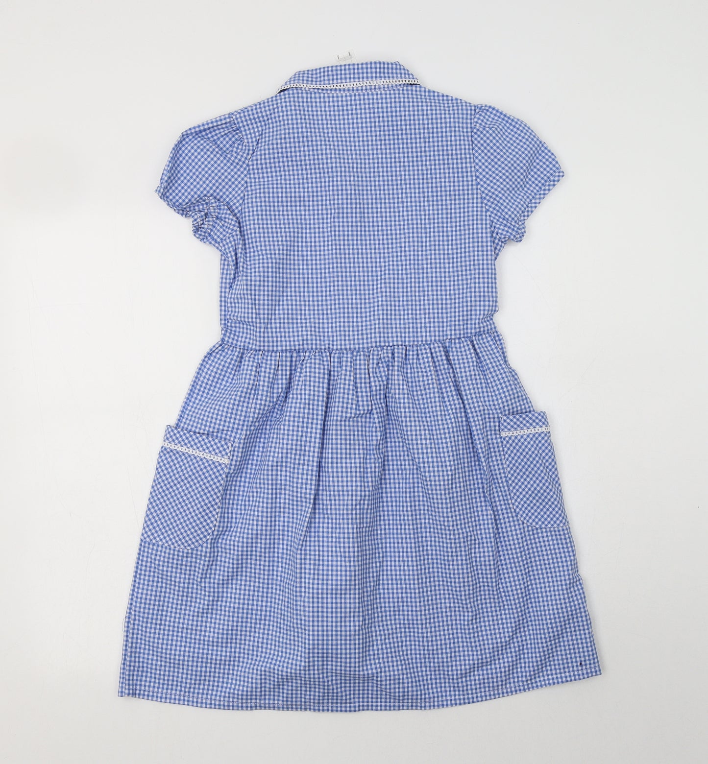 F&F Girls Blue Gingham Cotton A-Line  Size 9-10 Years  Collared Button - School Wear