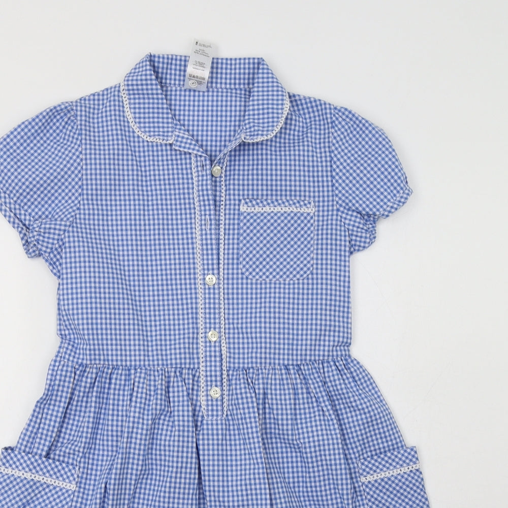 F&F Girls Blue Gingham Cotton A-Line  Size 9-10 Years  Collared Button - School Wear
