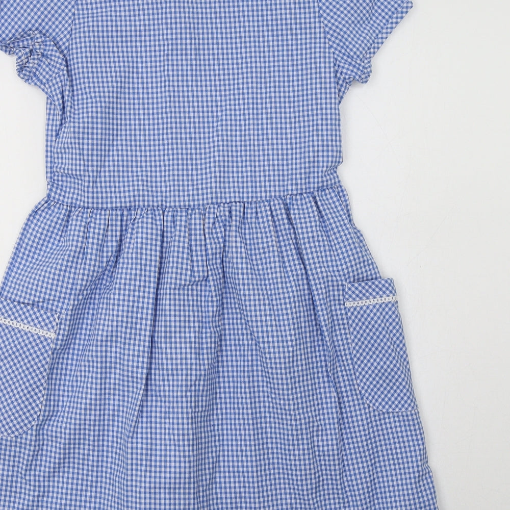 F&F Girls Blue Gingham Cotton A-Line  Size 9-10 Years  Collared Button - School Wear