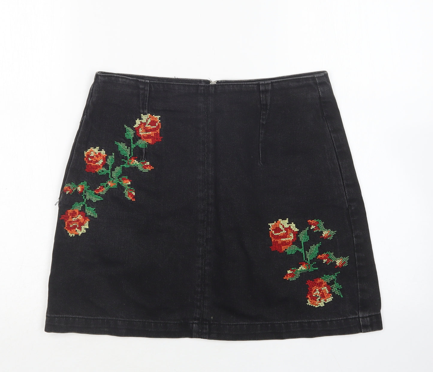Topshop Womens Black Floral Cotton Mini Skirt Size 10