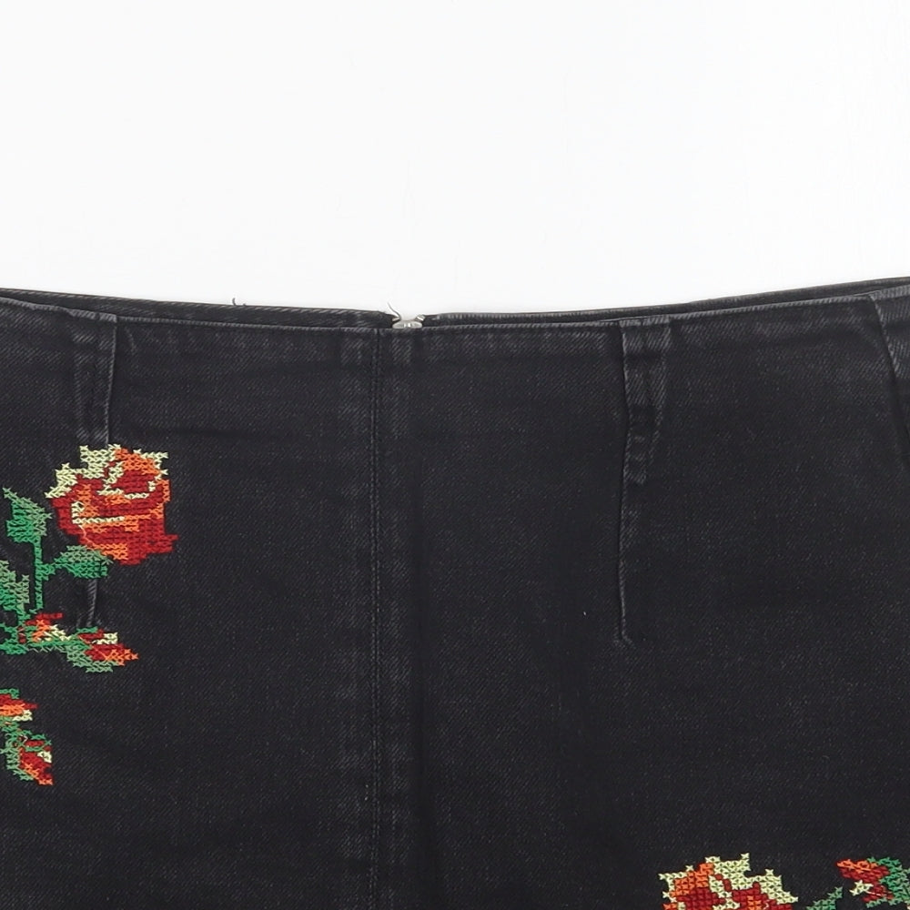 Topshop Womens Black Floral Cotton Mini Skirt Size 10