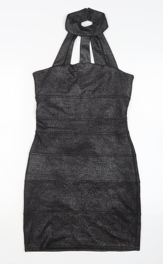 Front view of women’s multicoloured polyester mini, size UK 8, round neck