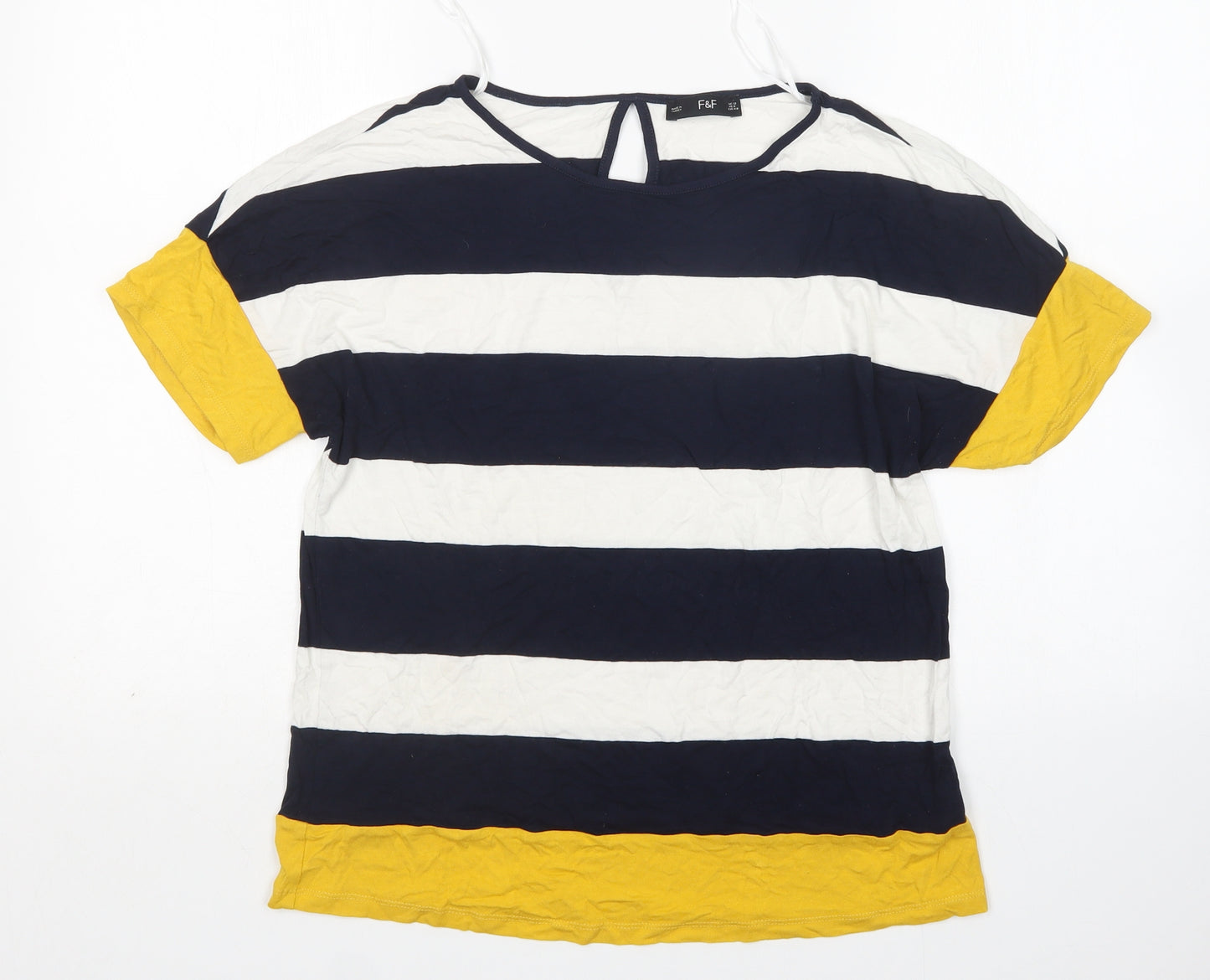 F&F Womens Multicoloured Striped Viscose Basic T-Shirt Size 12 Round Neck