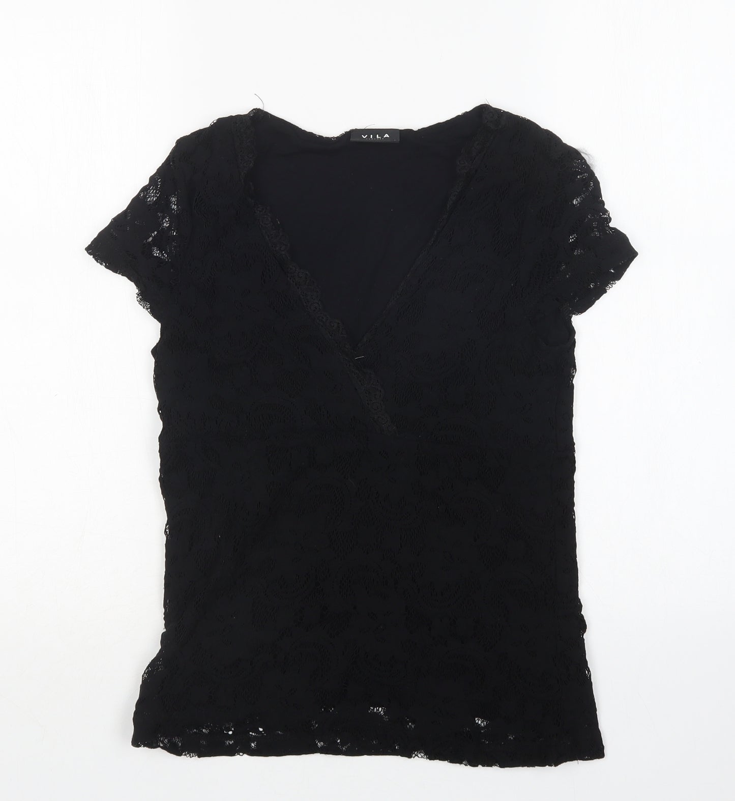 VILA Womens Black Floral Polyamide Basic T-Shirt Size S V-Neck
