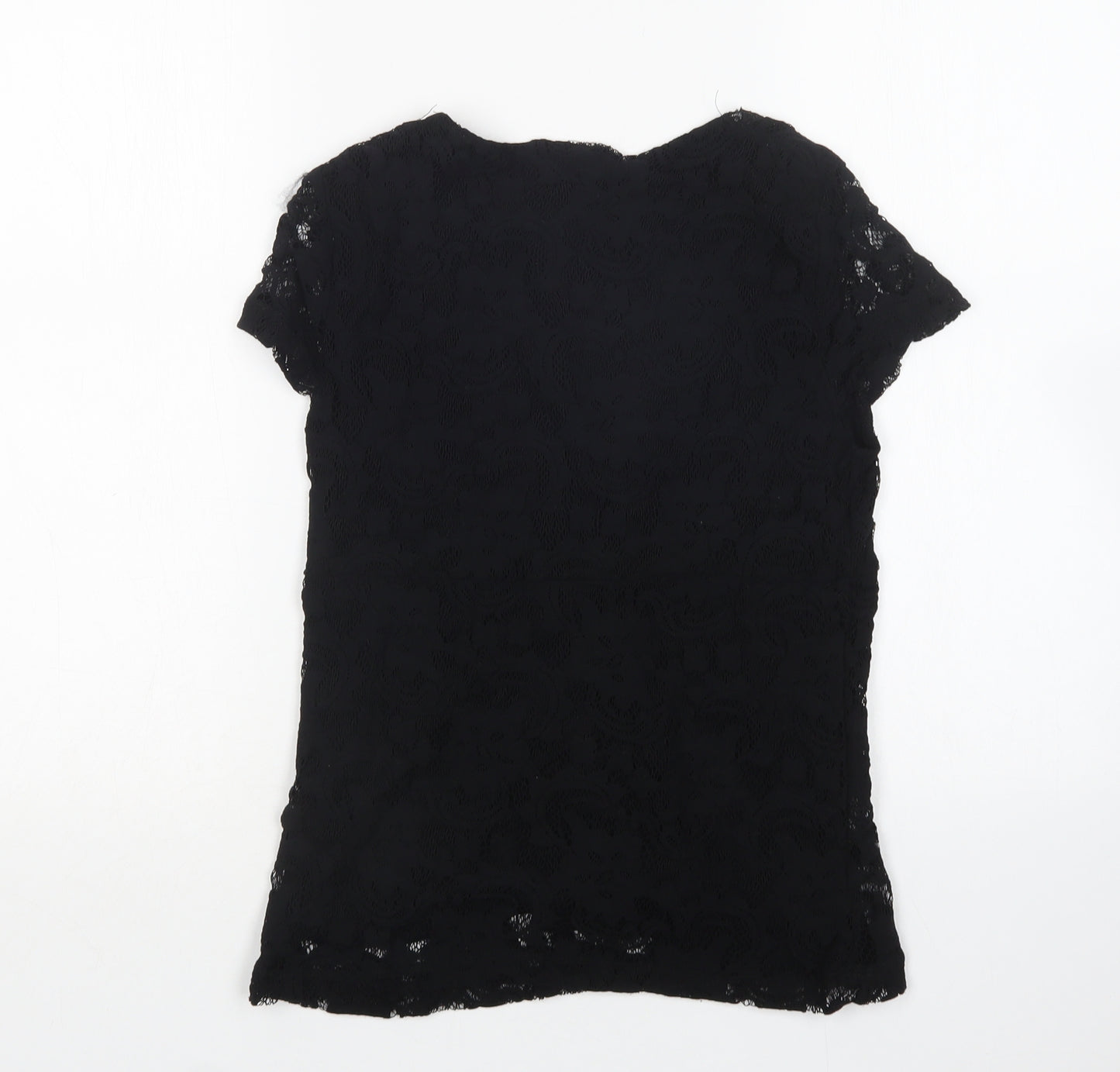 VILA Womens Black Floral Polyamide Basic T-Shirt Size S V-Neck