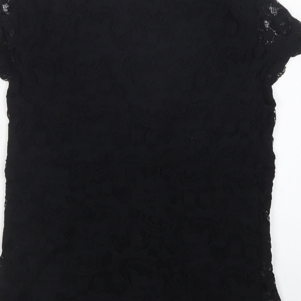 VILA Womens Black Floral Polyamide Basic T-Shirt Size S V-Neck