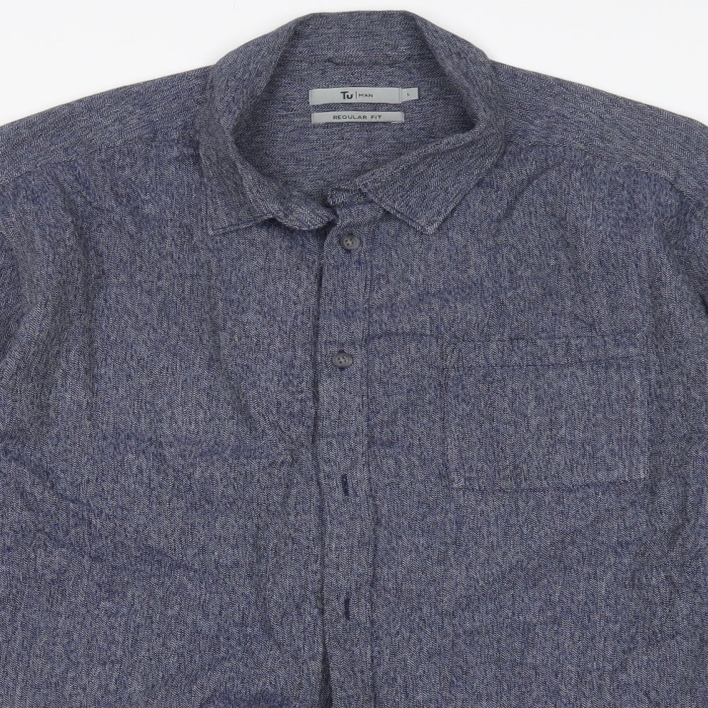 TU Mens Blue  Cotton  Button-Up Size L Collared