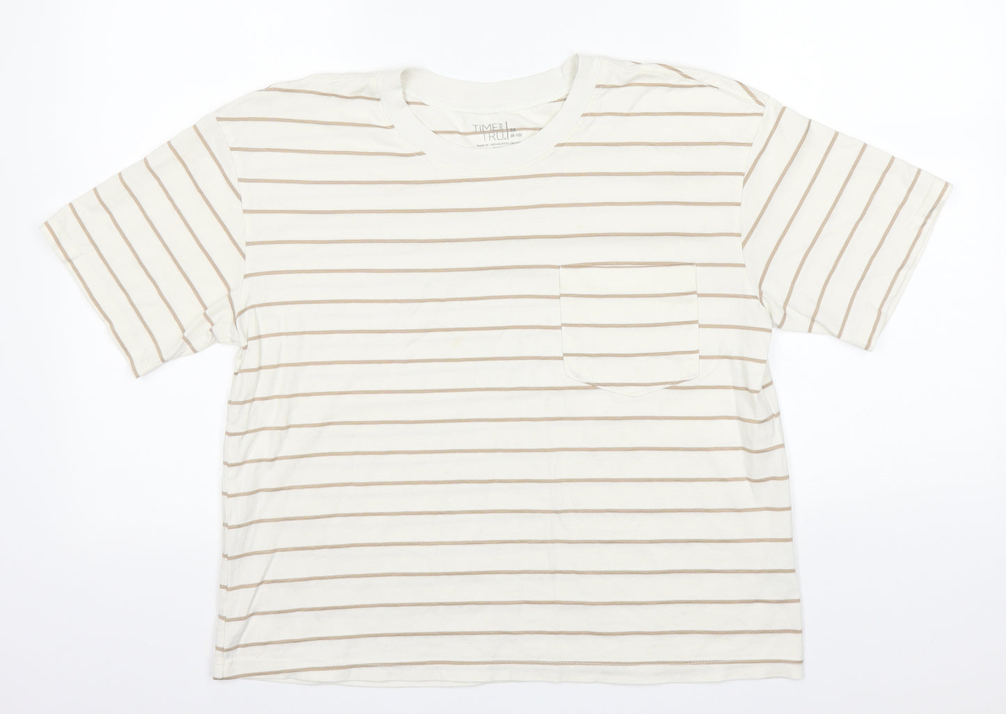 Time AND Tru Womens White Striped Cotton Basic T-Shirt Size 8 Round Neck
