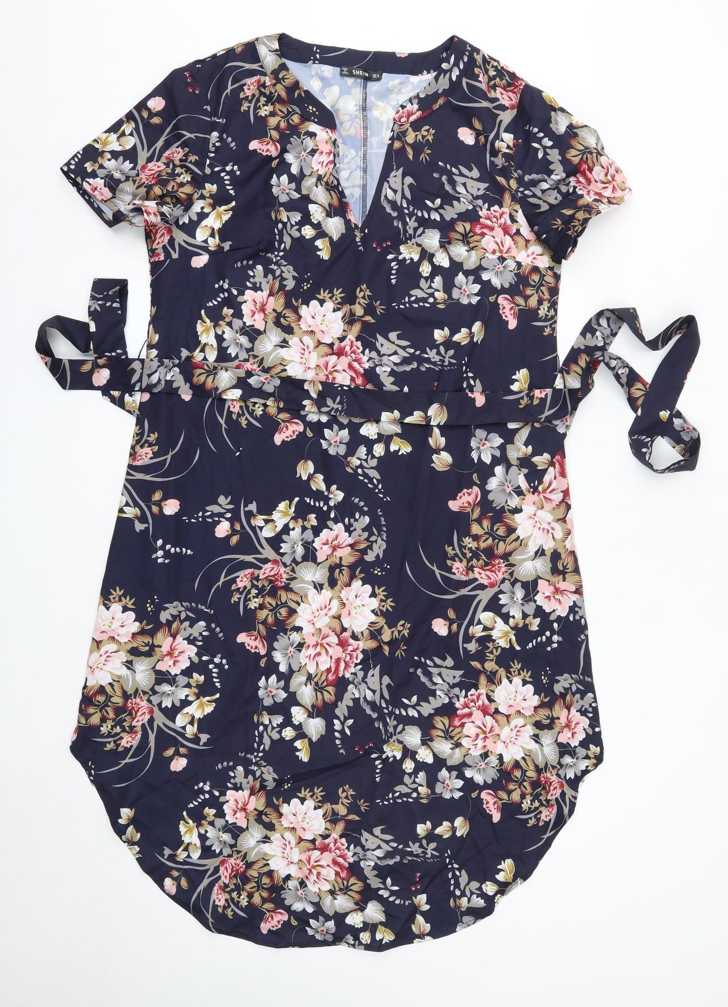 SheIn Womens Blue Floral Polyester Shirt Dress  Size M  V-Neck