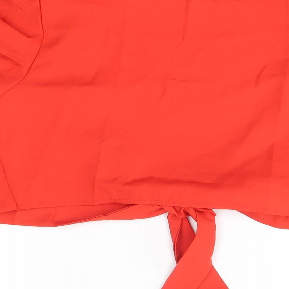 Preworn Womens Orange  Polyester Cropped Blouse Size M V-Neck