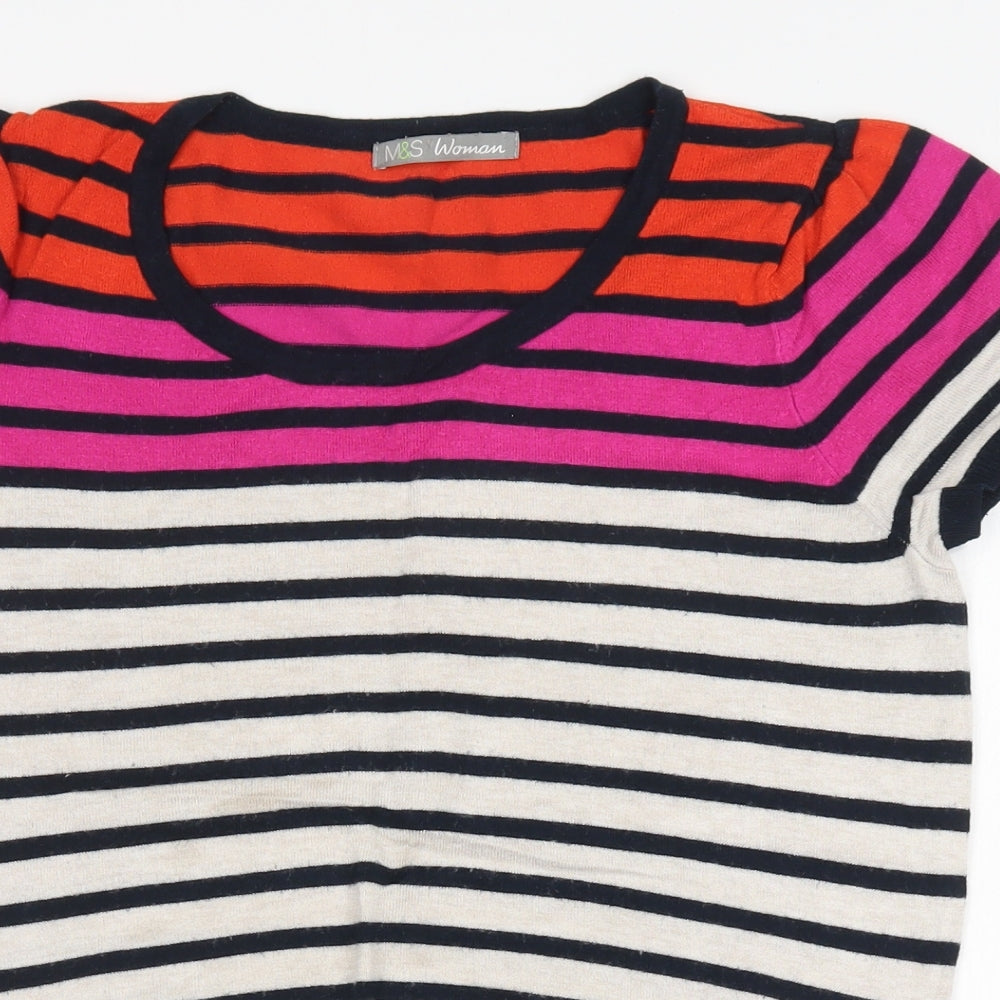M&S Womens Multicoloured Round Neck Striped Viscose Pullover Jumper Size 14