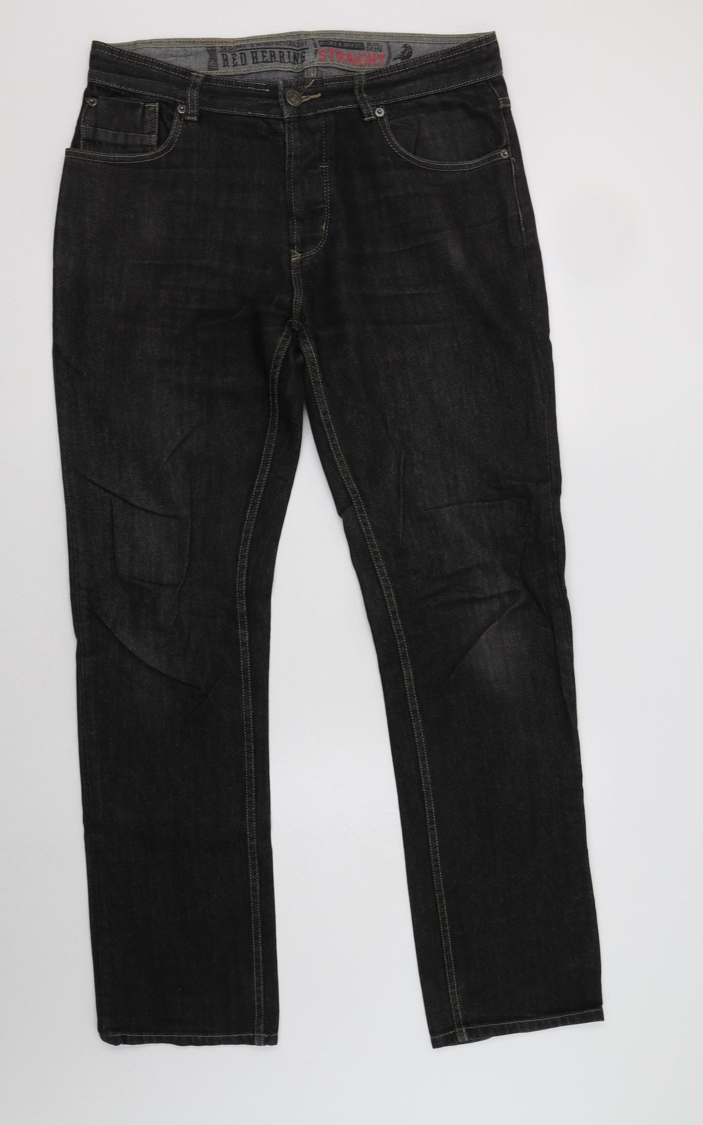Red Herring Mens Black  Cotton Straight Jeans Size 34 L34 in Regular Button