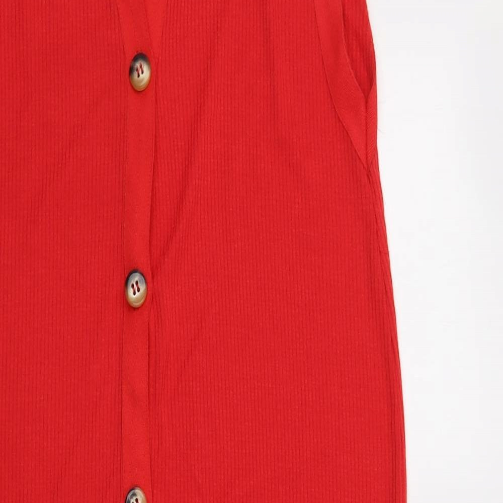 Zara Womens Red  Polyester Jumper Dress  Size M  V-Neck Button - Ribbed