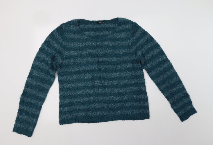 M&Co Womens Green Crew Neck Striped Polyester Pullover Jumper Size 16