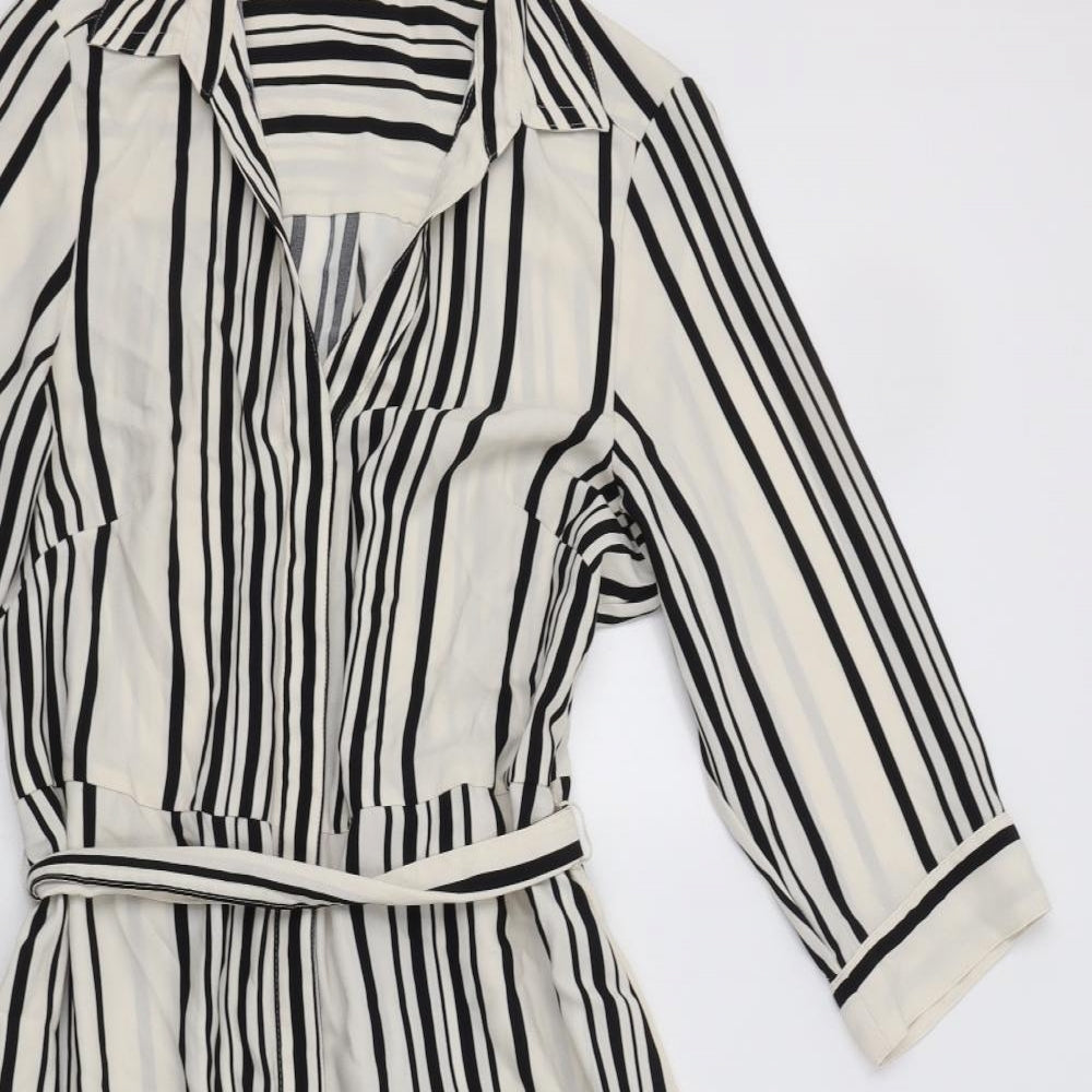 H&M Womens White Striped Polyester Shirt Dress  Size 12  Collared Button