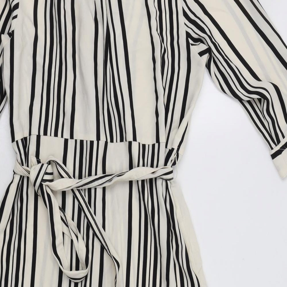 H&M Womens White Striped Polyester Shirt Dress  Size 12  Collared Button