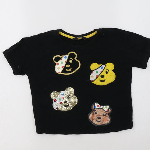 George Girls Black  Cotton Basic T-Shirt Size 4-5 Years Crew Neck  - Pudsey
