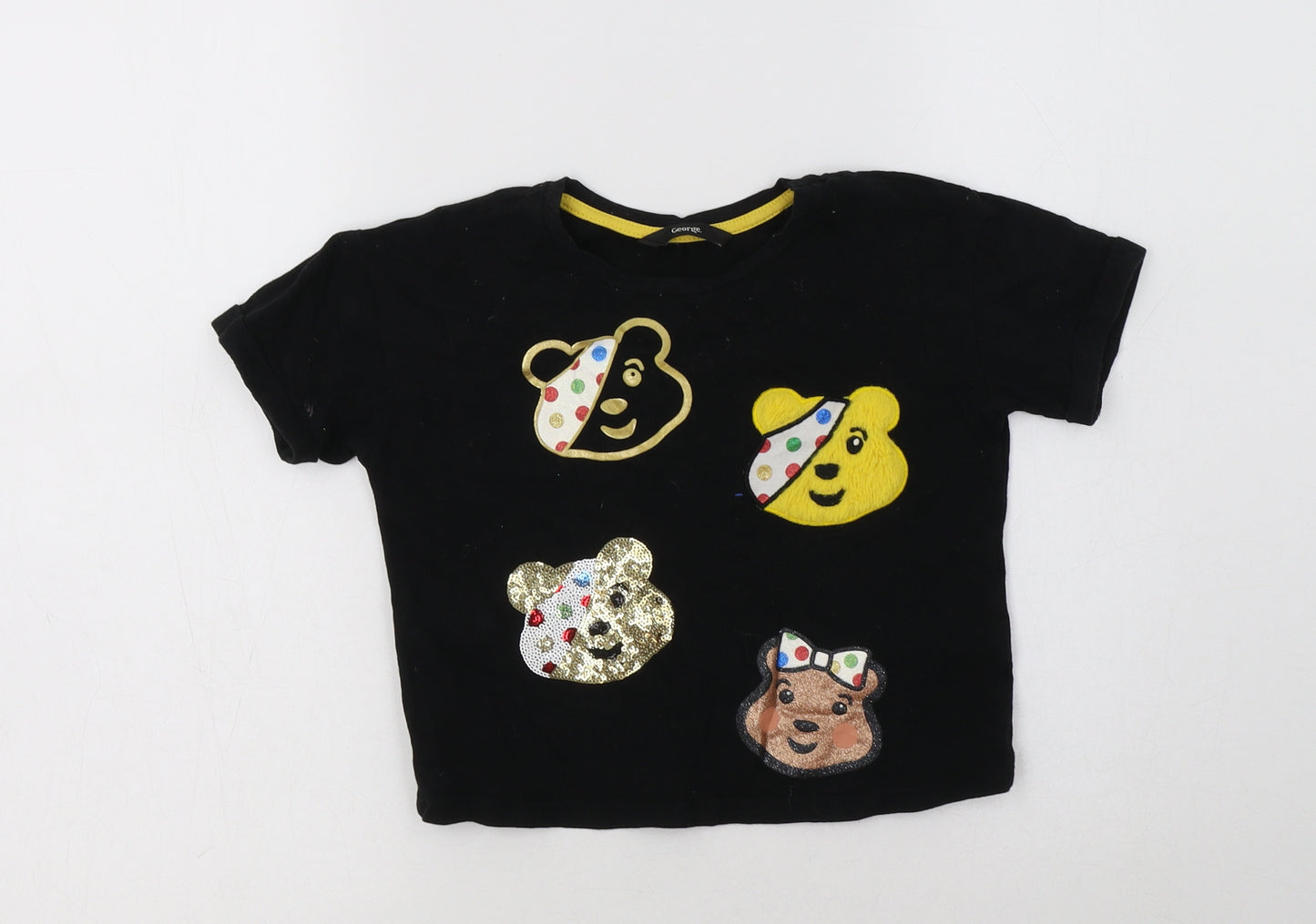 George Girls Black  Cotton Basic T-Shirt Size 4-5 Years Crew Neck  - Pudsey