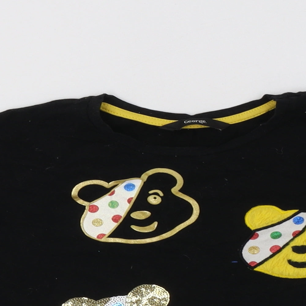 George Girls Black  Cotton Basic T-Shirt Size 4-5 Years Crew Neck  - Pudsey