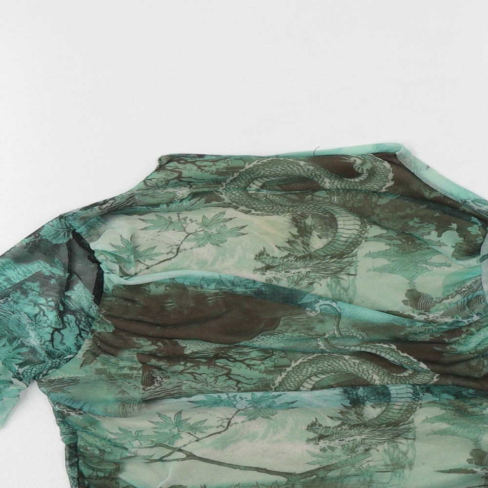 PRETTYLITTLETHING Womens Green Geometric Polyester Cropped Blouse Size 8 High Neck