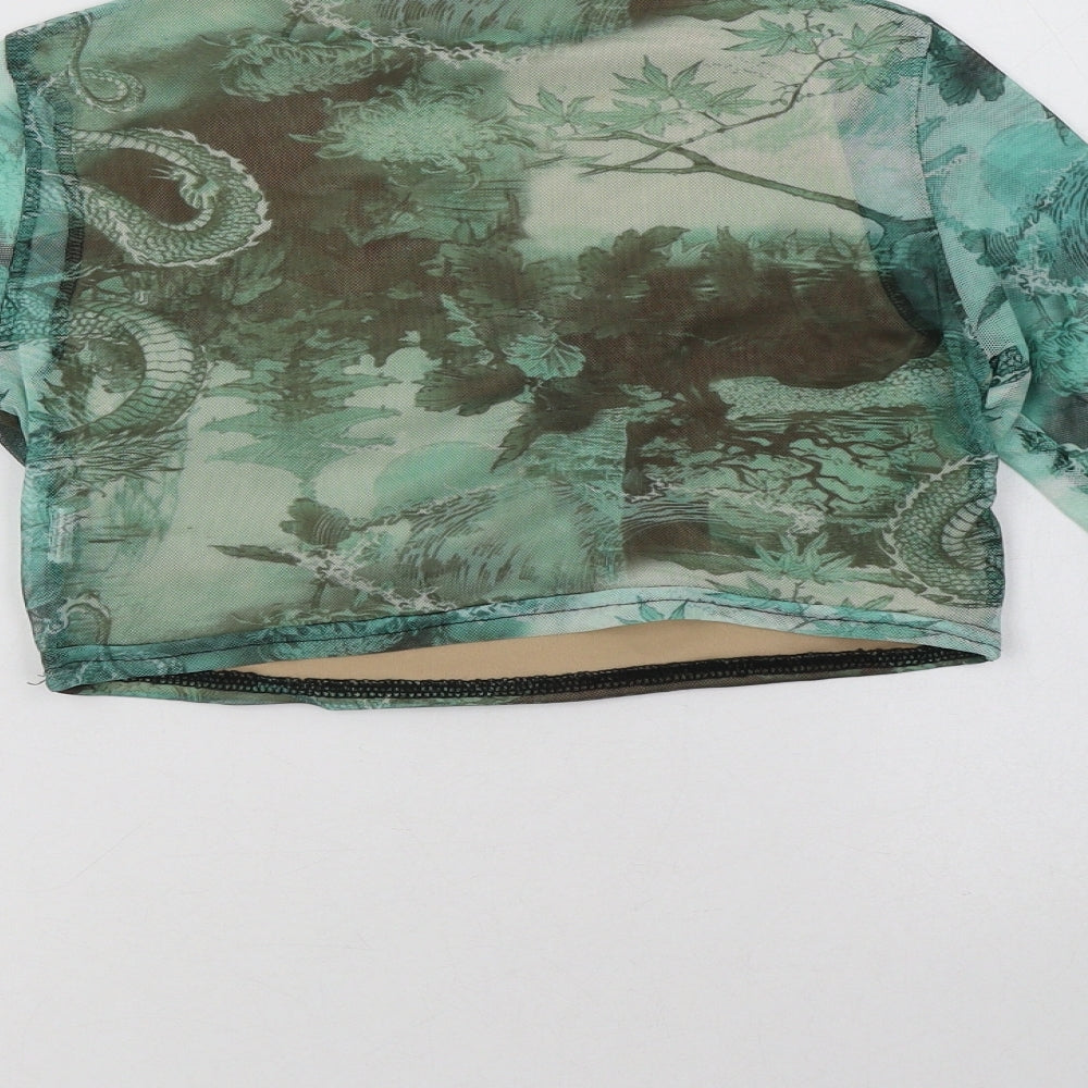 PRETTYLITTLETHING Womens Green Geometric Polyester Cropped Blouse Size 8 High Neck