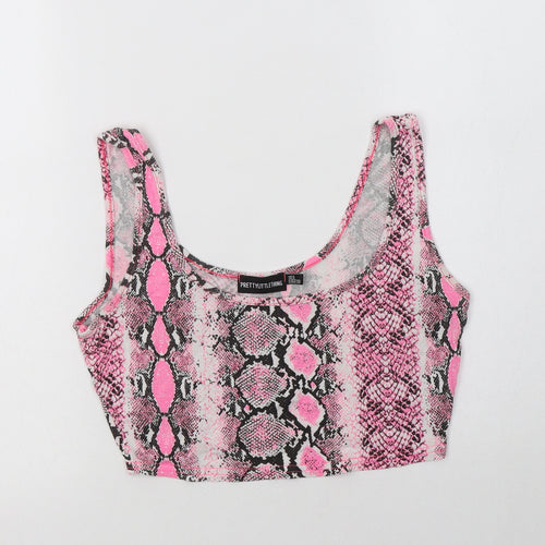 PRETTYLITTLETHING Womens Pink Animal Print Viscose Cropped Tank Size 8 Scoop Neck