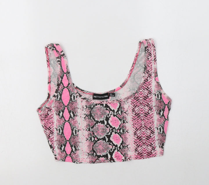 PRETTYLITTLETHING Womens Pink Animal Print Viscose Cropped Tank Size 8 Scoop Neck