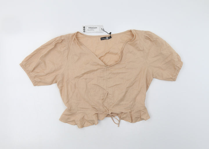 Boohoo Womens Beige Cotton Basic Blouse Size 18 V-Neck